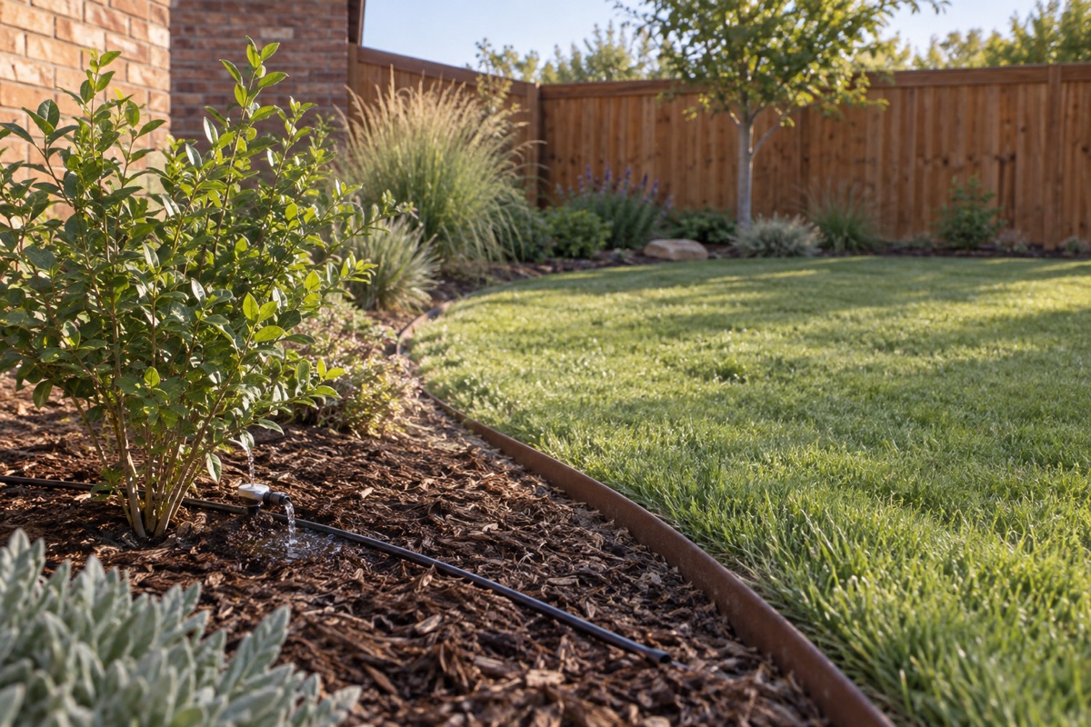 Illustrative backyard lawn and mulched planting bed with drip irrigation