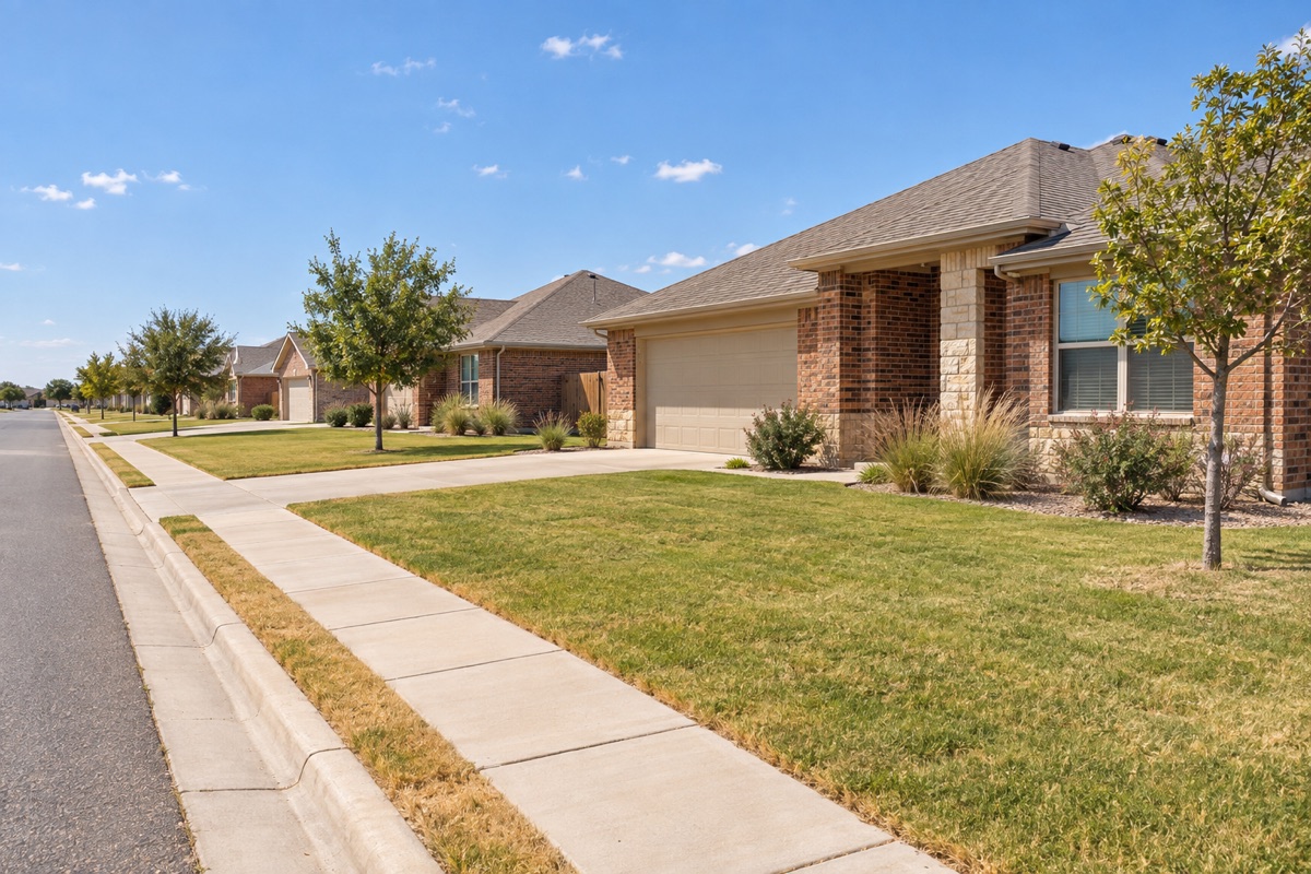 Illustrative flat Panhandle neighborhood with single-story brick homes and modest lawns