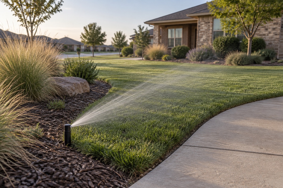 Illustrative residential lawn with a sprinkler aimed across the grass beside a dry walkway and mulched planting bed